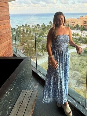 Blue strapless floral maxi dress